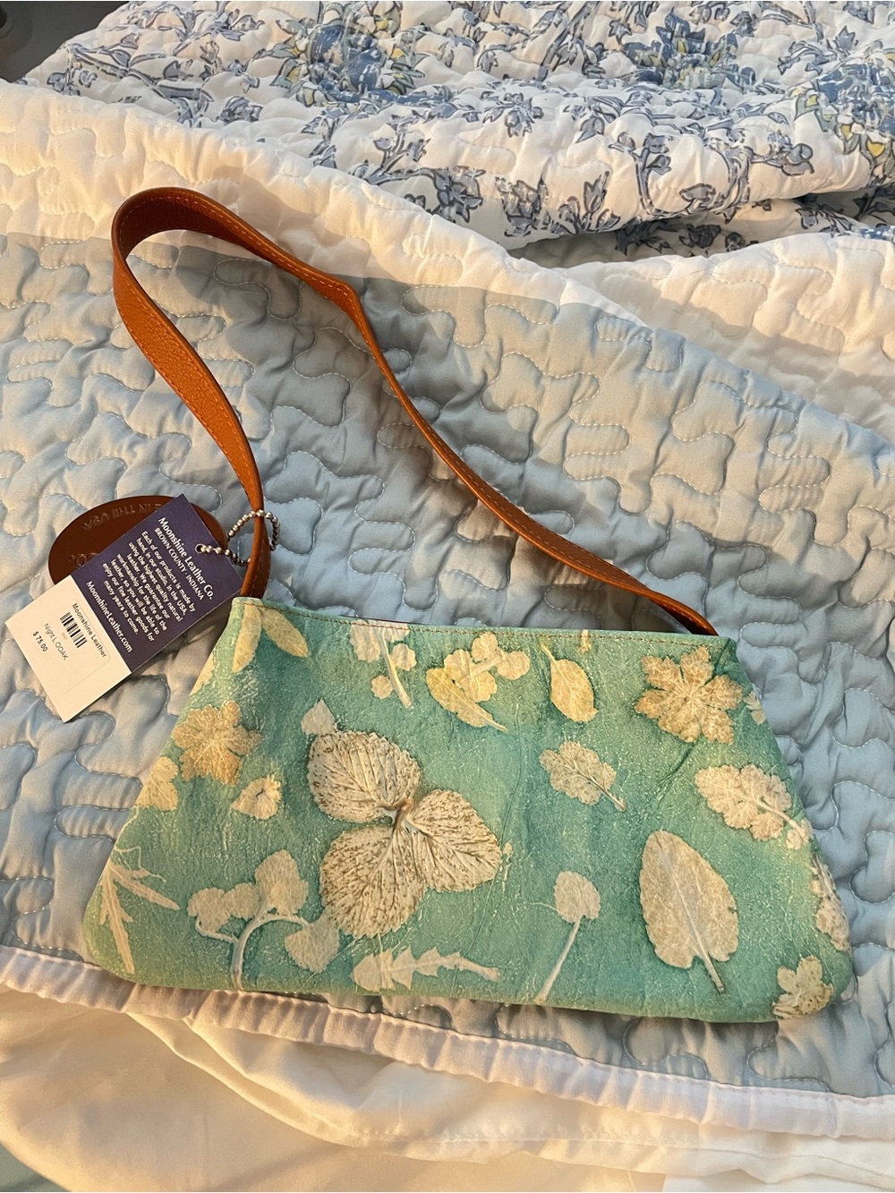 Floral Embroidered Mint Shoulder Bag with Tan Strap